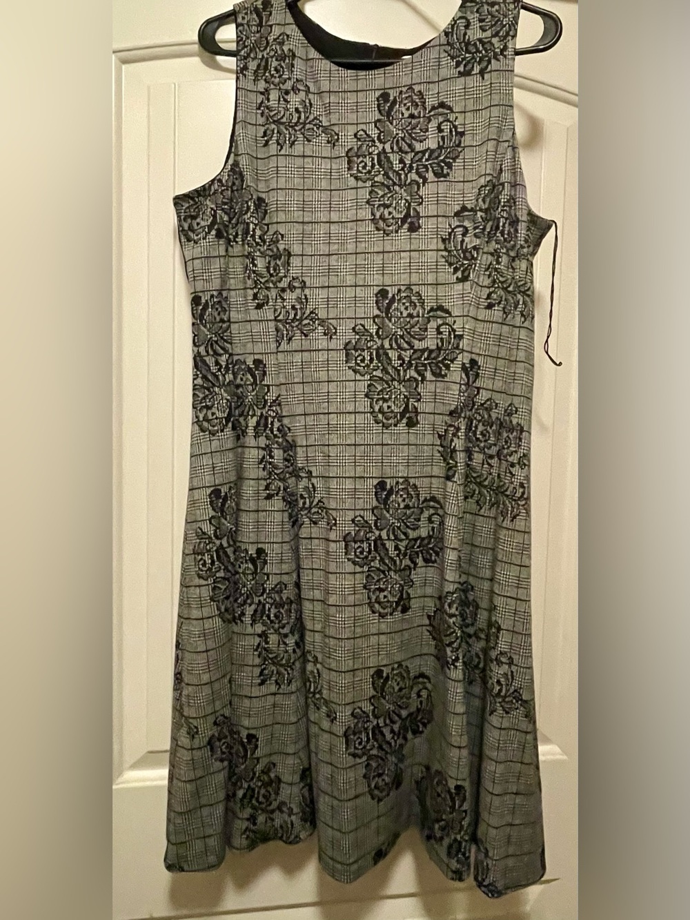London Style Plaid A-Line Dress with Dark Floral Overlay